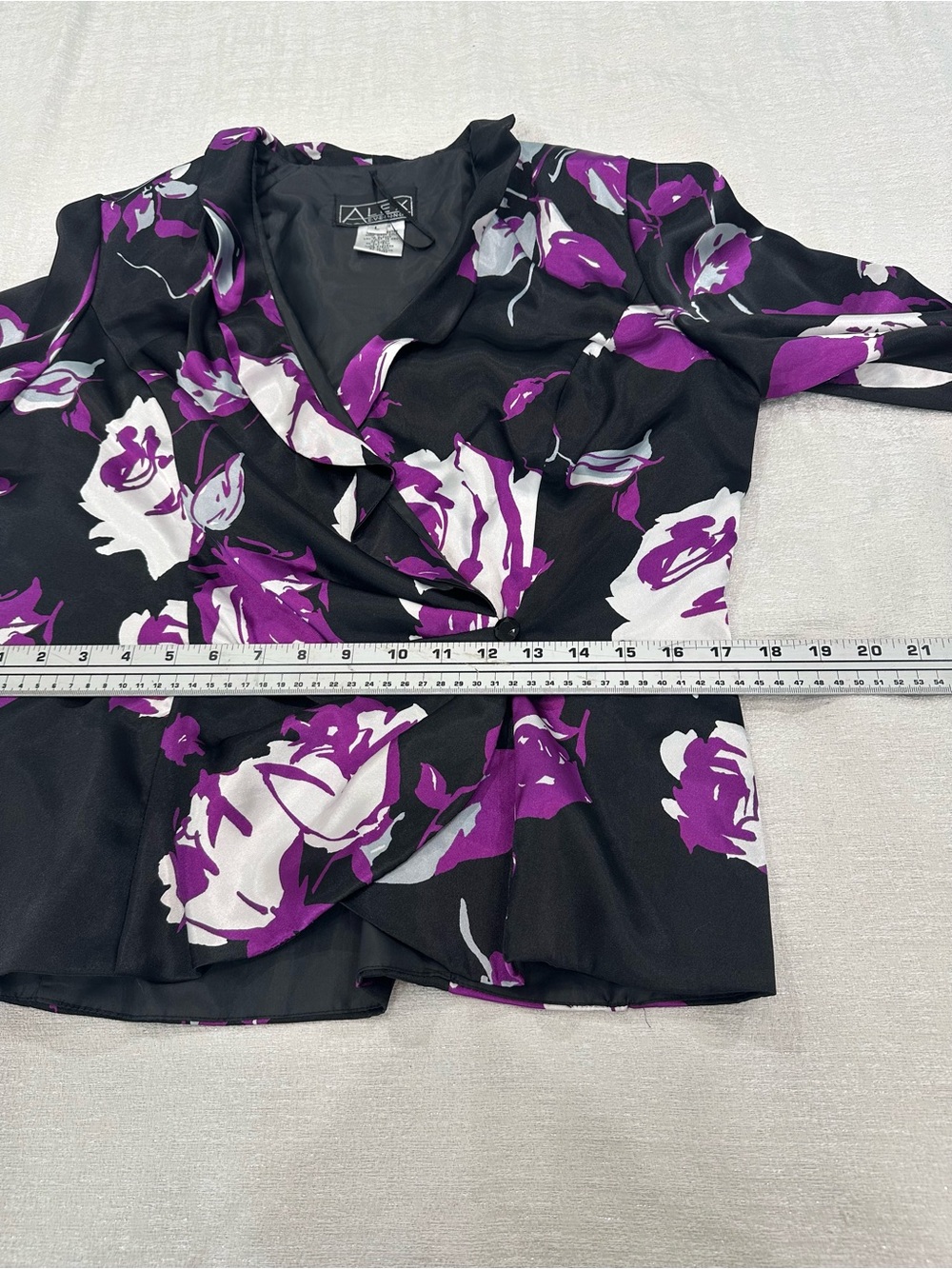 Alex Evenings Floral Satin Faux-Wrap Blouse Jacket Portrait Collar Purple Black - Picture 8 of 15
